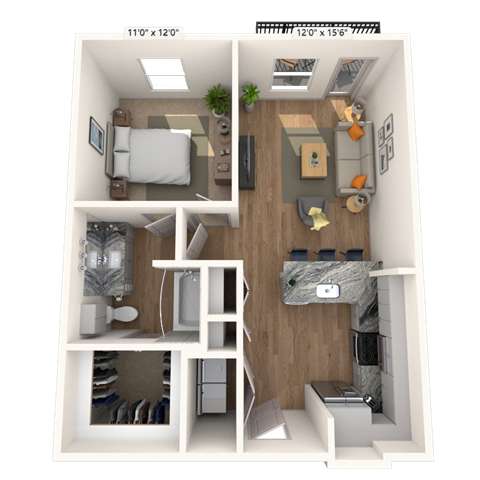 Floor plan for 1 bed, 1 bath, 701 sqft